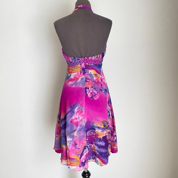 Cache sz 6 Halter 100% Silk backout v neck fit & flare midi cocktail dress - Picture 5 of 9